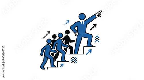 A group of people climbing stairs, led by a figure pointing forward, symbolizing progress and leadership.