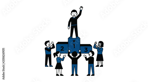 A person stands triumphantly on the first place podium while others cheer them on.