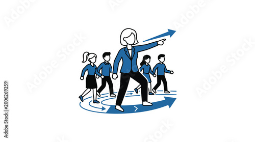 A female leader points forward with a team following her direction, symbolizing guidance and progress.
