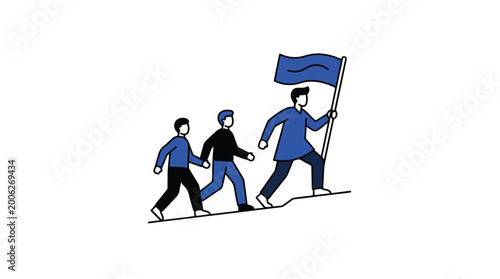 A leader holding a blue flag guides two followers up a hill, symbolizing teamwork and direction.