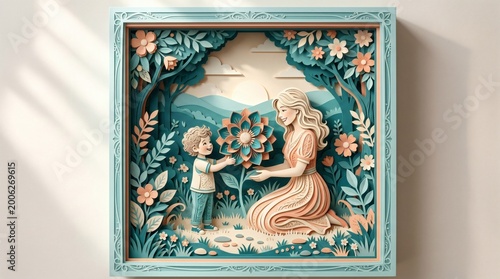 Mothers Day paper cut art of a mother and child in a natural scene.