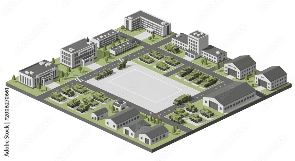Εκτύπωση καμβά Isometric Military Base Illustration with Army Tanks, Tactical Vehicles and Barr