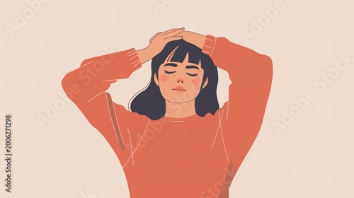 Relaxed young woman with hands clasped behind her head resting in calm posture, expressing comfort, freedom and peaceful mood on plain neutral background for lifestyle and relaxation themes.
