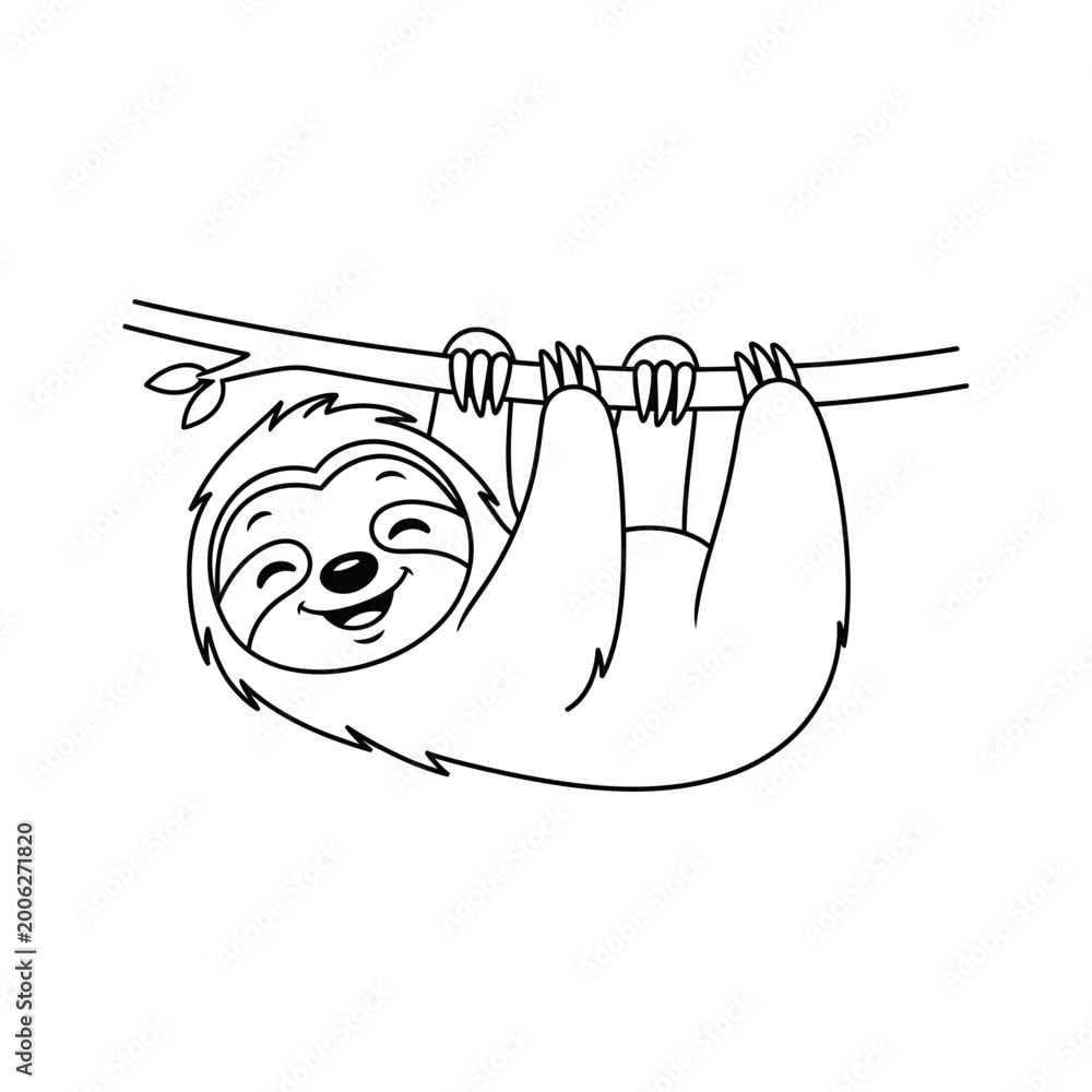 Fototapeta premium Cute Sloth Hanging On Branch Outline Vector