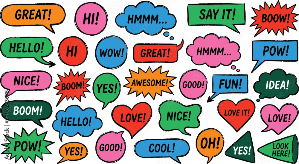 Naklejka premium Colorful comic speech bubbles with various words and expressions on transparent background.