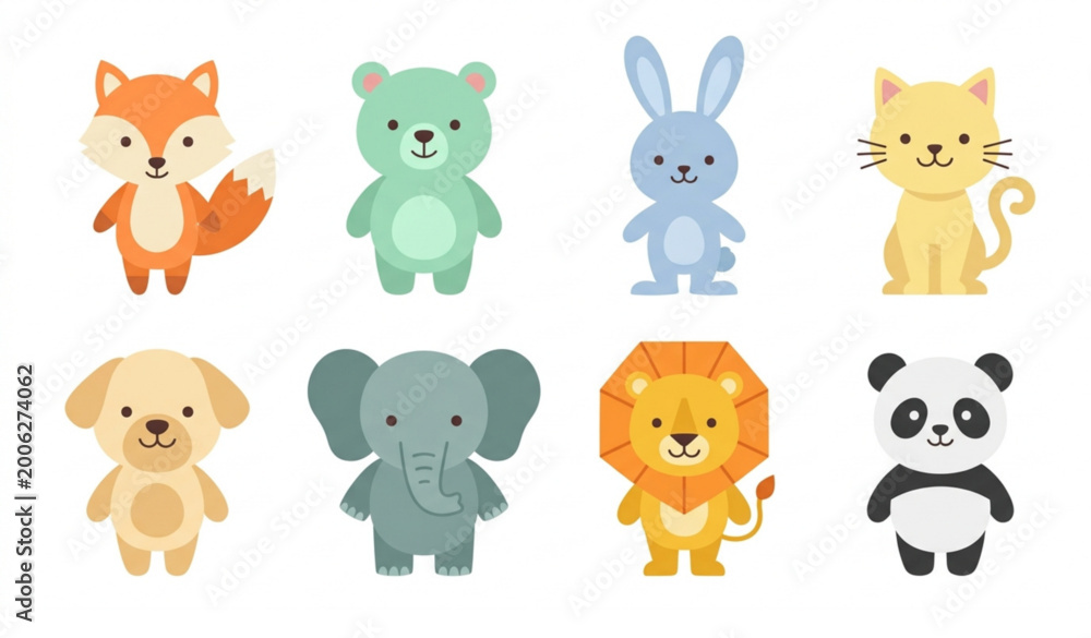 Fototapeta premium Minimal cute animal vector set with modern colorful cartoon characters for kids design isolated on white