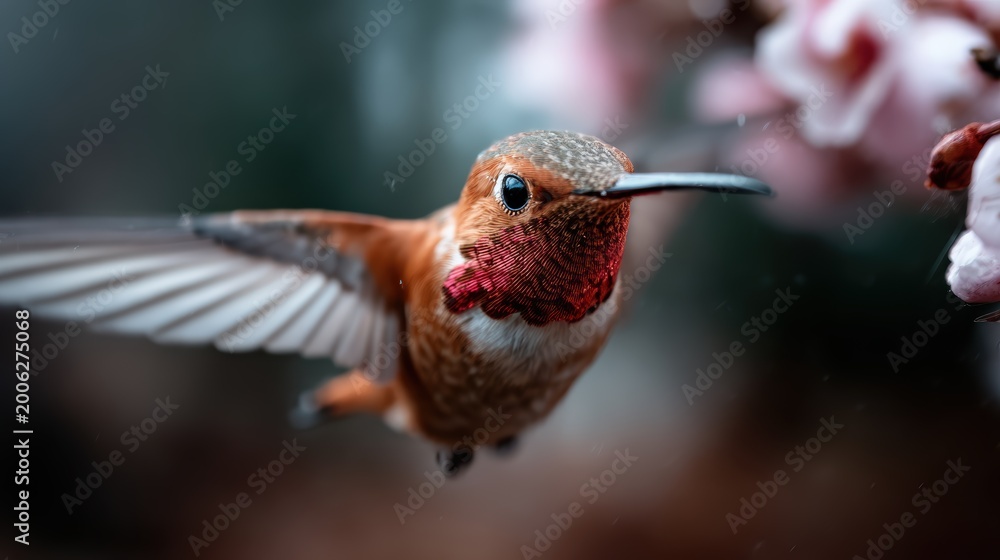 Fototapeta premium A stunning hummingbird hovers in mid-flight near pink blossoms, capturing the beauty of nature and the freedom of flight in a vibrant and lively setting.
