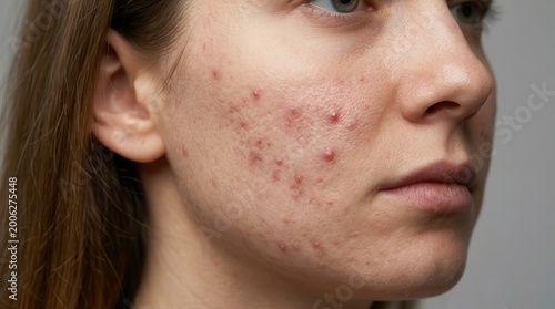 Close up of a young woman with acne and problematic skin susceptible to breakouts and scarring.