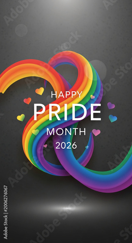 Rainbow-colored shapes and hearts on a dark background with text 