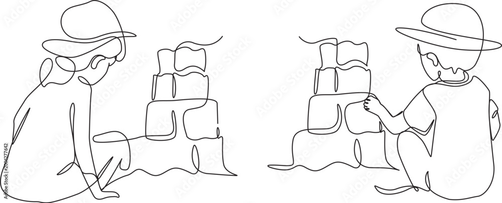 Fototapeta premium Children building sandcastle on beach continuous line art vector. 