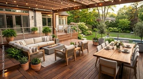 Completed luxury backyard deck with outdoor furniture and warm natural lighting, showcasing high-quality craftsmanship, promotional website photo.