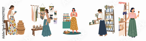 Tableau sur toile Set of diverse women entrepreneurs selling artisanal crafts, homemade preserves, and flowers at a local craft market or small business fair