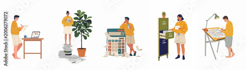 Εκτύπωση καμβά Set of illustrations depicting diverse people managing finances, organizing taxes, calculating expenses, and filing documents in a modern, casual style