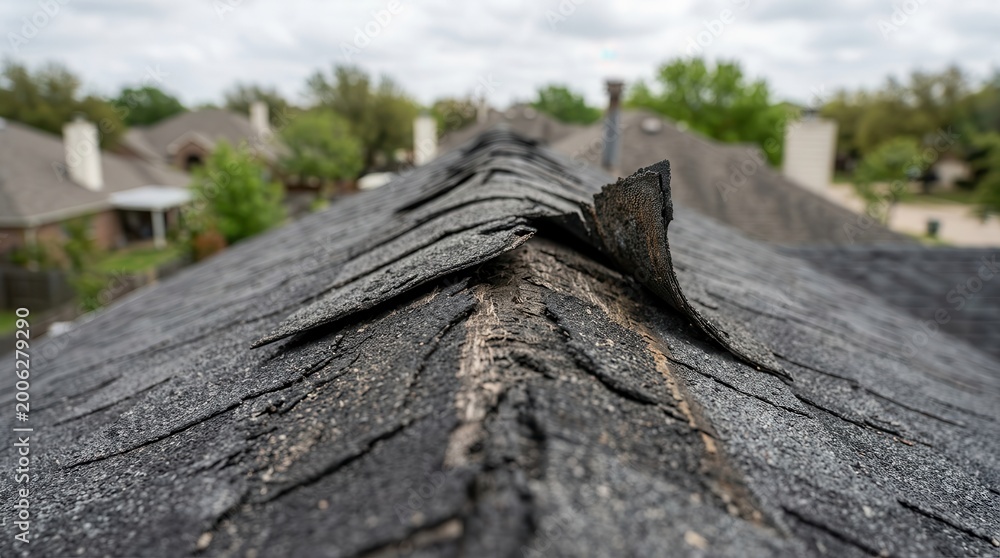 Fototapeta premium Damaged asphalt shingle ridge on a residential roof showing granule loss.