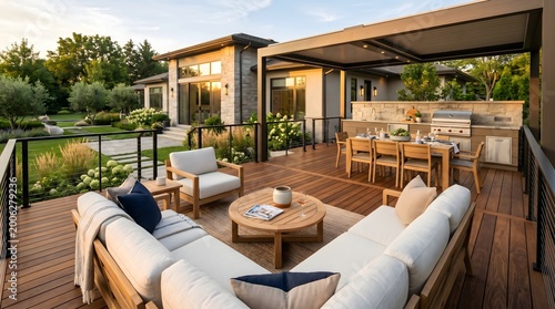 Completed luxury backyard deck with outdoor furniture and warm natural lighting, showcasing high-quality craftsmanship, promotional website photo.