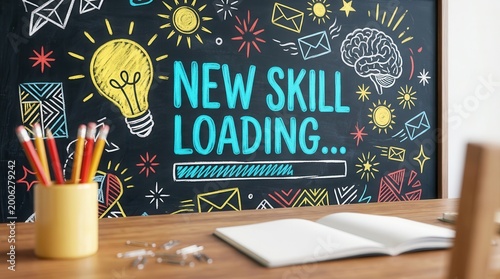 Chalkboard featuring the text 'new skill loading' with creative doodles for learning and growth.