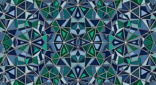 Geometric mosaic pattern with intricate star shapes, green and blue hues, and symmetrical design.