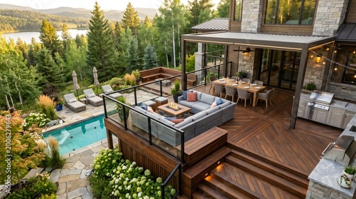 Completed luxury backyard deck with outdoor furniture and warm natural lighting, showcasing high-quality craftsmanship, promotional website photo.