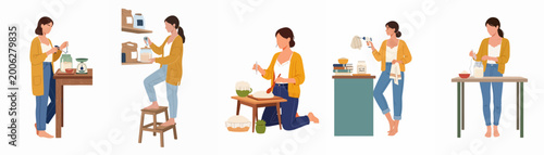 Photos Flat illustration of a woman in various scenes engaged in home baking, preparing sourdough starter, and measuring ingredients in a cozy kitchen setting