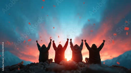 A group of five friends celebrates at sunset, raising their fists in triumph against a backdrop of colorful skies and rugged mountains, symbolizing unity and accomplishment.