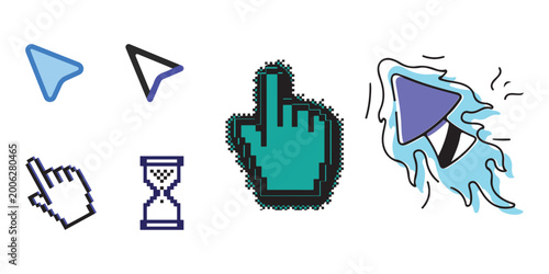 Computer mouse cursor and hand pointer icon collection for digital UI and web design projects in color and black and white vector style