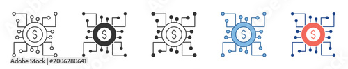 Digital finance and blockchain icon set showcasing a dollar symbol embedded in a sophisticated network, illustrating concepts of fintech, secure transactions, and digital currency