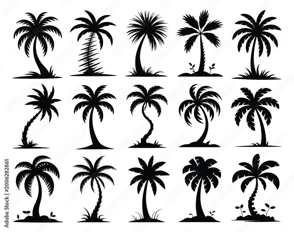Fototapeta premium Palm tree silhouettes collection black tropical plants on white background