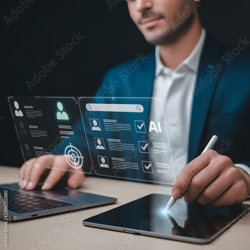 Business professional using AI recruitment software with holographic HR interface on laptop and tablet