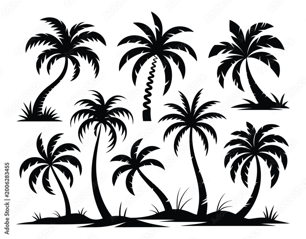 Fototapeta premium Palm tree silhouettes collection on a white background high quality professional