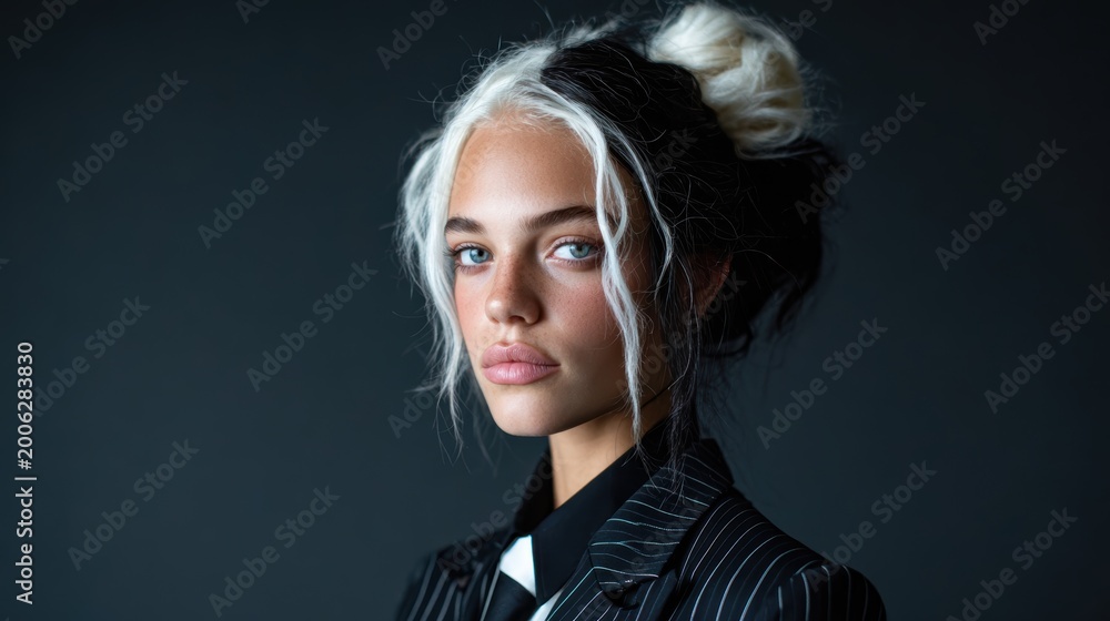 Fototapeta premium A fashion-forward model showcases a stunning two-tone hairstyle in a sleek pinstriped suit, embodying modern elegance and individuality in a captivating studio setting.