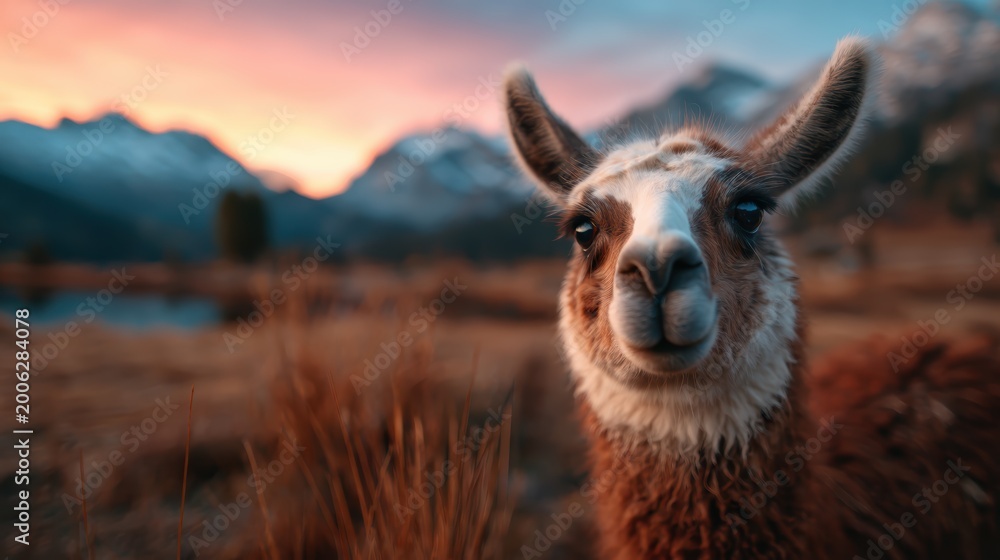 Obraz premium A close-up of a curious llama in a picturesque setting, showcasing its expressive eyes against a backdrop of mountains during a breathtaking sunset. Nature's beauty shines.