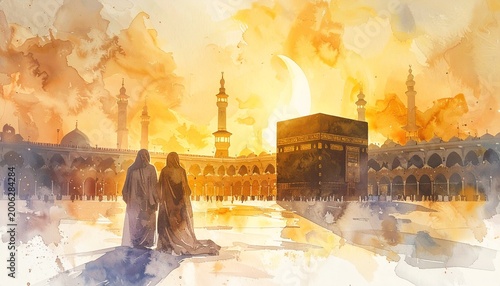 kaaba pilgrimage watercolor painting with muslim pilgrims in mecca golden hour