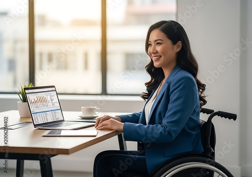 Asian businesswoman in wheelchair working on laptop in modern office