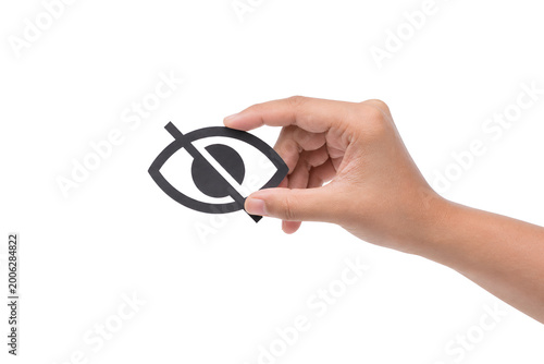 Woman Hand Showing Privacy Protection Symbol Eye with Slash – Cyber Security,Confidentiality Concept,Data Protection Concept,Digital Security and Data Protection