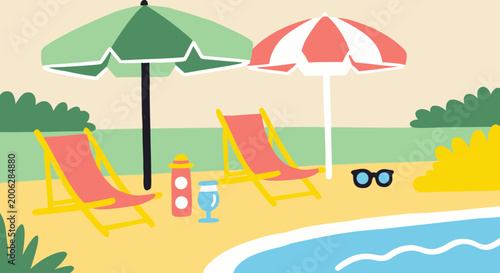 Schilderij op canvas Enjoy a relaxing day at the beach with beach chairs and umbrellas by the pool si
