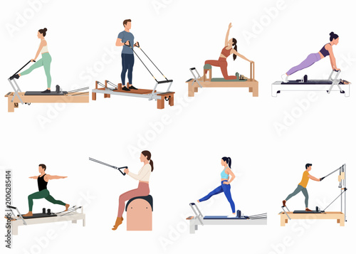 Obraz na płótnie A collection of diverse people performing various pilates exercises on reformer machines, demonstrating strength, flexibility, and a comprehensive full-body fitness workout