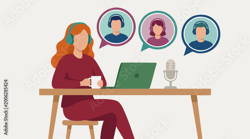 Fotografía Woman in headphones on laptop participating in virtual meeting or podcast