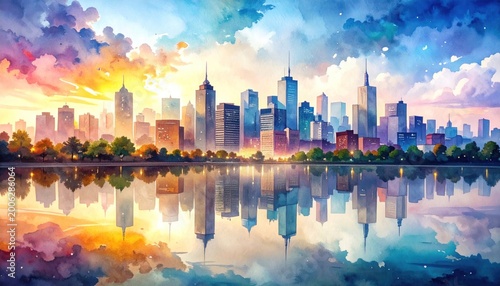 Watercolor cityscape with buildings, trees, water, and reflection under colorful skies
