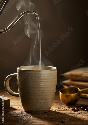 Steaming water pouring into ceramic mug preparing coffee beverage closeup