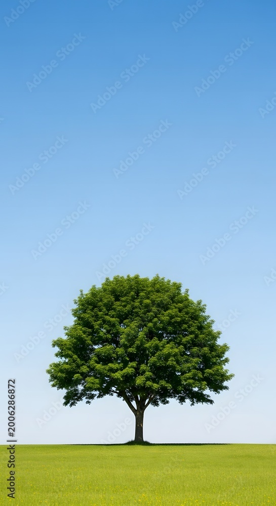 Obraz premium Lush Green Tree with Full Foliage Standing in a Bright Green Grassy Field Under a Clear Blue Sky