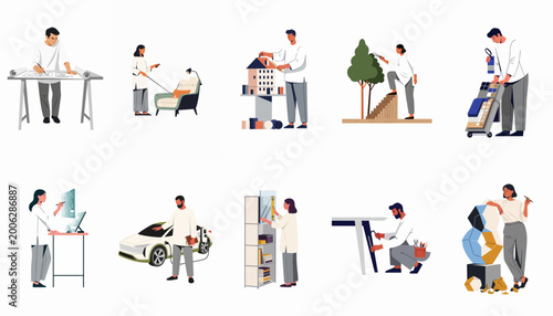 Bild auf Leinwand Set of diverse people in creative professions including architects, designers, engineers, and artists working on various projects, flat vector illustration