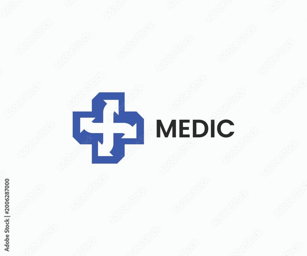 Obraz premium Medical cross arrows logo design. Plus symbol with turn direction arrow logo icon. Mobile medical hospital clinic sign