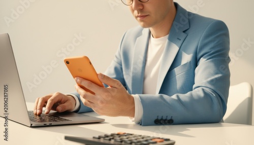 Businessman in a blue suit uses a smartphone and laptop at a desk for digital productivity software marketing, corporate office communication and fintech app mockup
