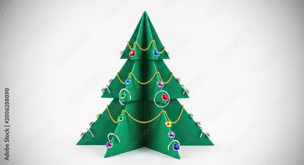 Obraz premium A delicate paper-folded origami Christmas tree stands elegantly decorated with shimmering gold chains, silver rings, and sparkling gems, fashion, necklace, luxury