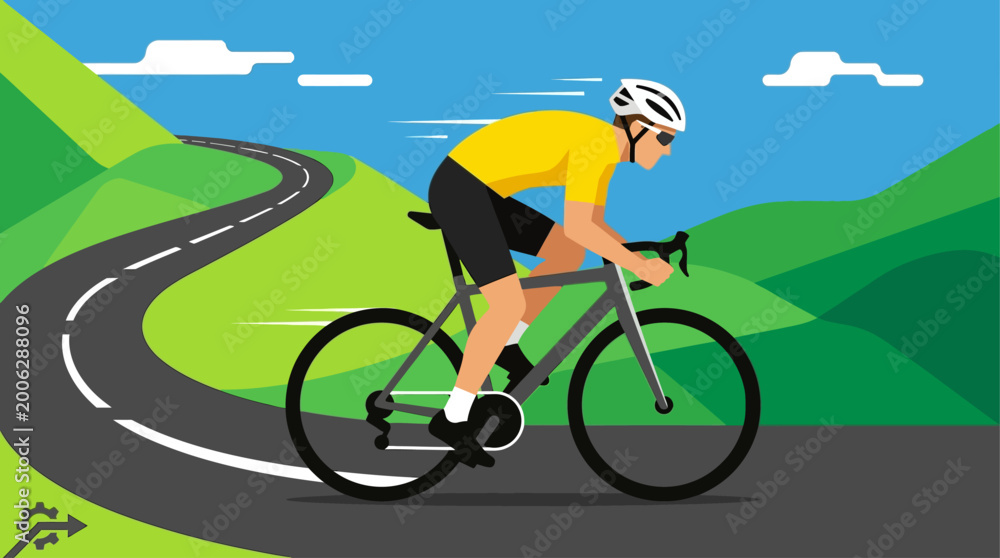 Obraz premium A dynamic flat design illustration captures a Tour de France cyclist in the iconic yellow jersey, demonstrating intense effort during a race. 