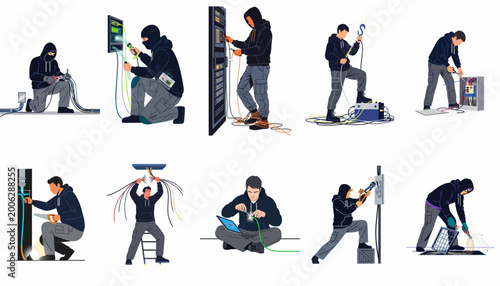 Fotografie Collection of vector illustrations depicting a hooded figure sabotaging electrical wires, cutting cables, and tampering with server infrastructure in various scenarios