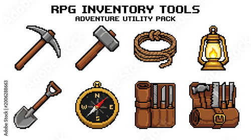 Diverse pixel art game elements featuring various adventure tools and utility items, ideal for fantasy role-playing game inventories and user interface design, perfect for digital creative projects
