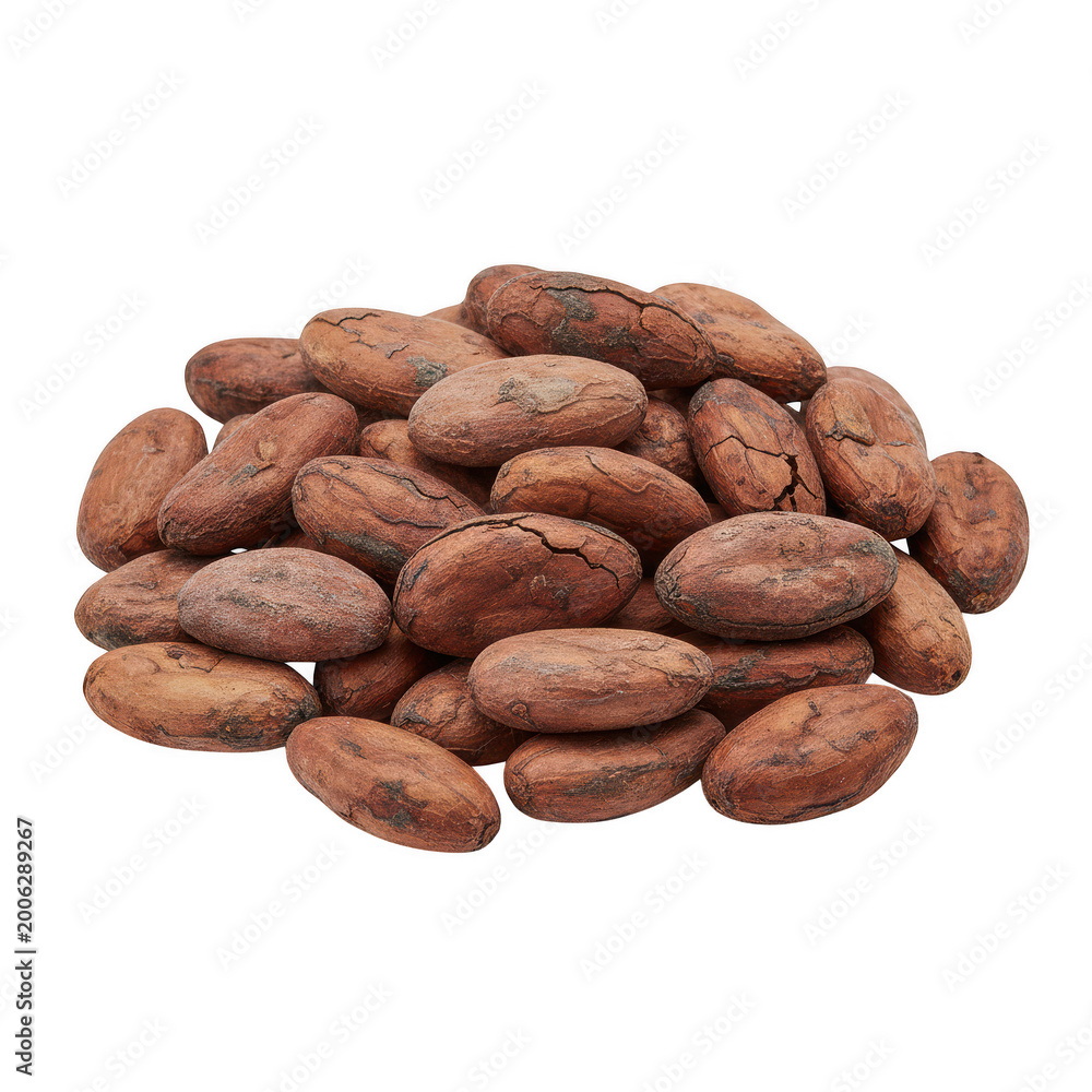 Fototapeta premium Pile of raw dried cocoa beans isolated on a transparent background