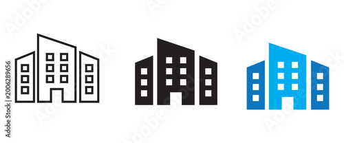 Modern office building icon set simple outline solid fill and colored abstract modern design.