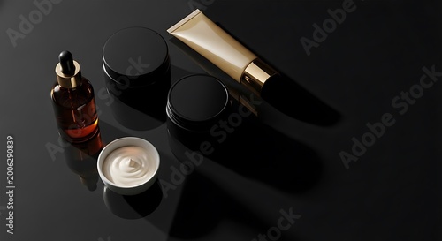 Luxurious skincare products on a dark reflective surface with shadows